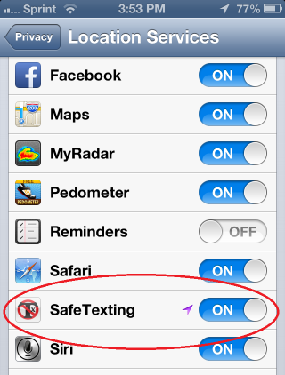 Make sure Location Services is turned on for SafeTexting